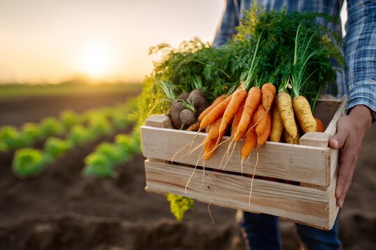 Male adult holding wooden crate of freshly harvested carrots in sunlit field