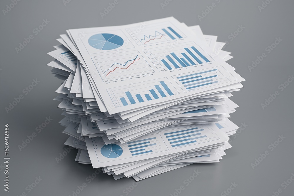 Poster stacked documents featuring graphs, charts, and data analysis on a grey surface highlighting trends 