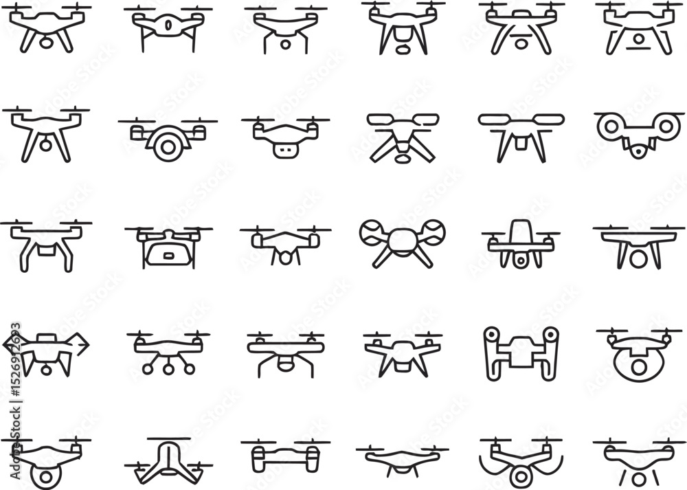 Poster collection of various drone icons in a simple black outline for design and technology concepts