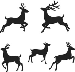 Obraz premium Collection of Five Stylized Black Silhouette Deer in Various Poses Including Leaping, Standing, and Mid-Stride – Dynamic Wildlife Vector Illustrations with Unique Antler Designs for Nature-Themed Art 