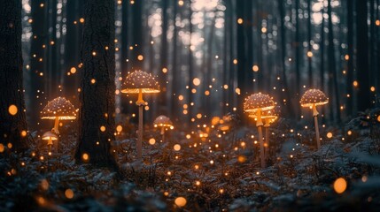Mushrooms glow softly in a forest at dusk creating a magical atmosphere among the trees