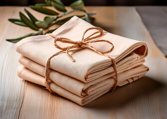 Pilha de tecido, panos de prato, panos de louça, em tons marrons e bege amarrados com cordão de juta. Arte ilustração para cozinha, limpeza, cozinheiros, restaurantes. 