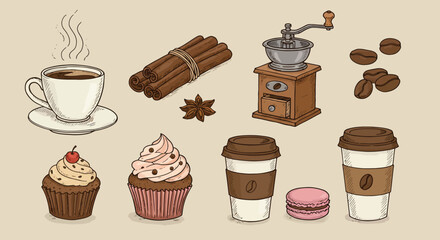 Hand-drawn coffee and pastry set with cup, grinder, cinnamon, and macaron vector illustration