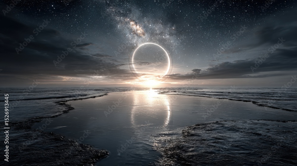 Wall mural a dramatic celestial event unfolds over the ocean as twilight deepens. a luminous ring appears in th