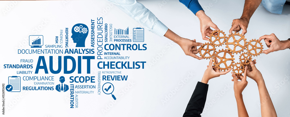Poster a diverse group of hands assemble a wooden puzzle around an audit checklist, symbolizing teamwork in