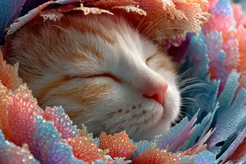 Hyperrealistic tiny kitten sleeping curled inside flower bud with velvet fur and glowing pastel tones in serene micro forest world Generative AI