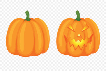 Vector Cartoon Pumpkins Collection with Carved Faces. Flat Colorful Pumpkin Stickers Set. Design Templates for Halloween, Fall, Harvest. Cute and Fun Simple Pumpkin Illustrations