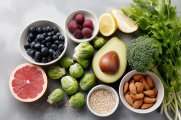 healthy meal spread on clean background featuring colorful fruits and vegetables rich in antioxidants