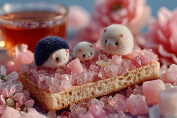Micro tea party with tiny felt and candy creatures on flower petal, ultra-detailed fur, sugar crystals and porcelain in dreamy natural light Generative AI