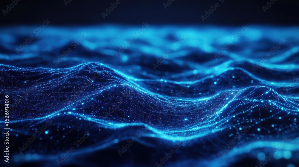 Aufkleber a mesmerizing ocean of glowing blue waves with a digital network effect, representing data movement 