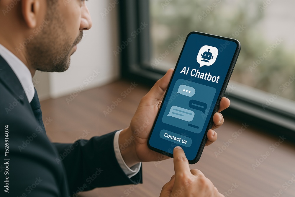 Poster a professional man engaging with a mobile ai chatbot interface while seated by a window in a modern 