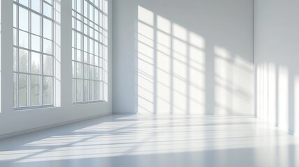 Fototapeta premium Sunlit empty room corner with large windows casting shadows on white walls and floor.