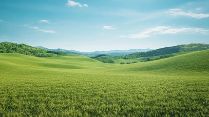 Fototapeta premium Open green landscape with rolling hills and a clear blue sky in daylight