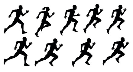 Silhouettes of male and female runners in various poses on white background vector illustration
