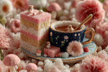 Micro tea party with tiny felt and candy creatures on flower petal, ultra-detailed fur, sugar crystals and porcelain in dreamy natural light Generative AI