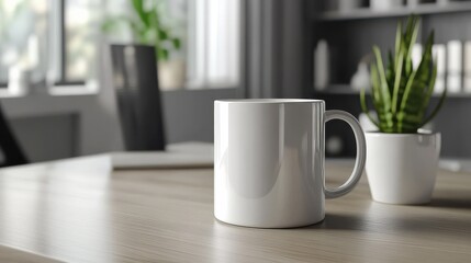 Coffee mug mockup with personalized design on a clean office desk
