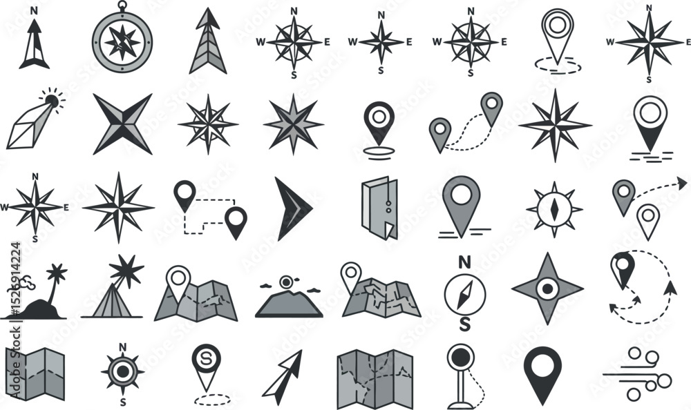 Poster collection of navigation and direction icons featuring compasses and maps vector illustration