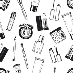Makeup products scattered on white background. Seamless black and white hand-drawn pattern. Cosmetic and beauty concept