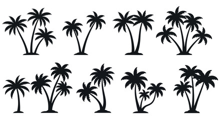 Set of eight black palm tree silhouettes on white background vector illustration