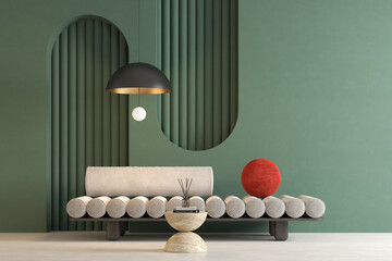 Memphis style conceptual interior room 3d illustration