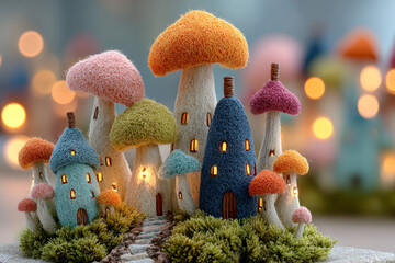 Cute micro mushroom village with tiny pastel houses growing from moss, hyperrealistic textures and soft light on dew-covered scene Generative AI