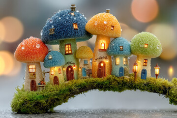 Cute micro mushroom village with tiny pastel houses growing from moss, hyperrealistic textures and soft light on dew-covered scene Generative AI