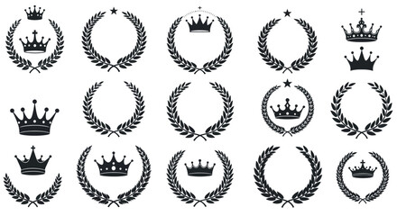 Collection of black laurel wreaths and crowns icons on white background vector illustration