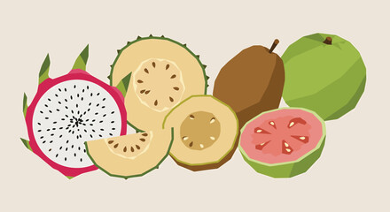 Vibrant Tropical Fruits Dragon Fruit, Guava, and Kiwi Illustration
