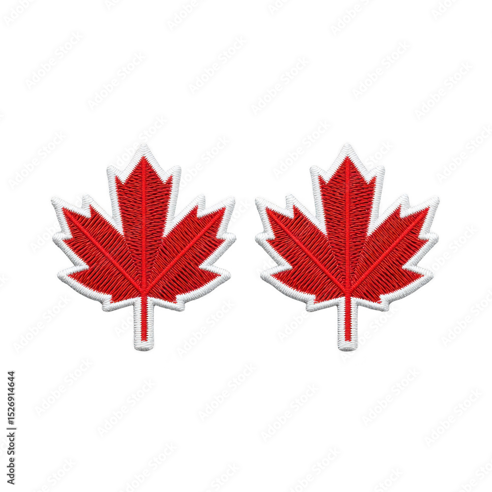 Poster two red maple leaf patches with white borders are displayed on transparency background, symbolizing 