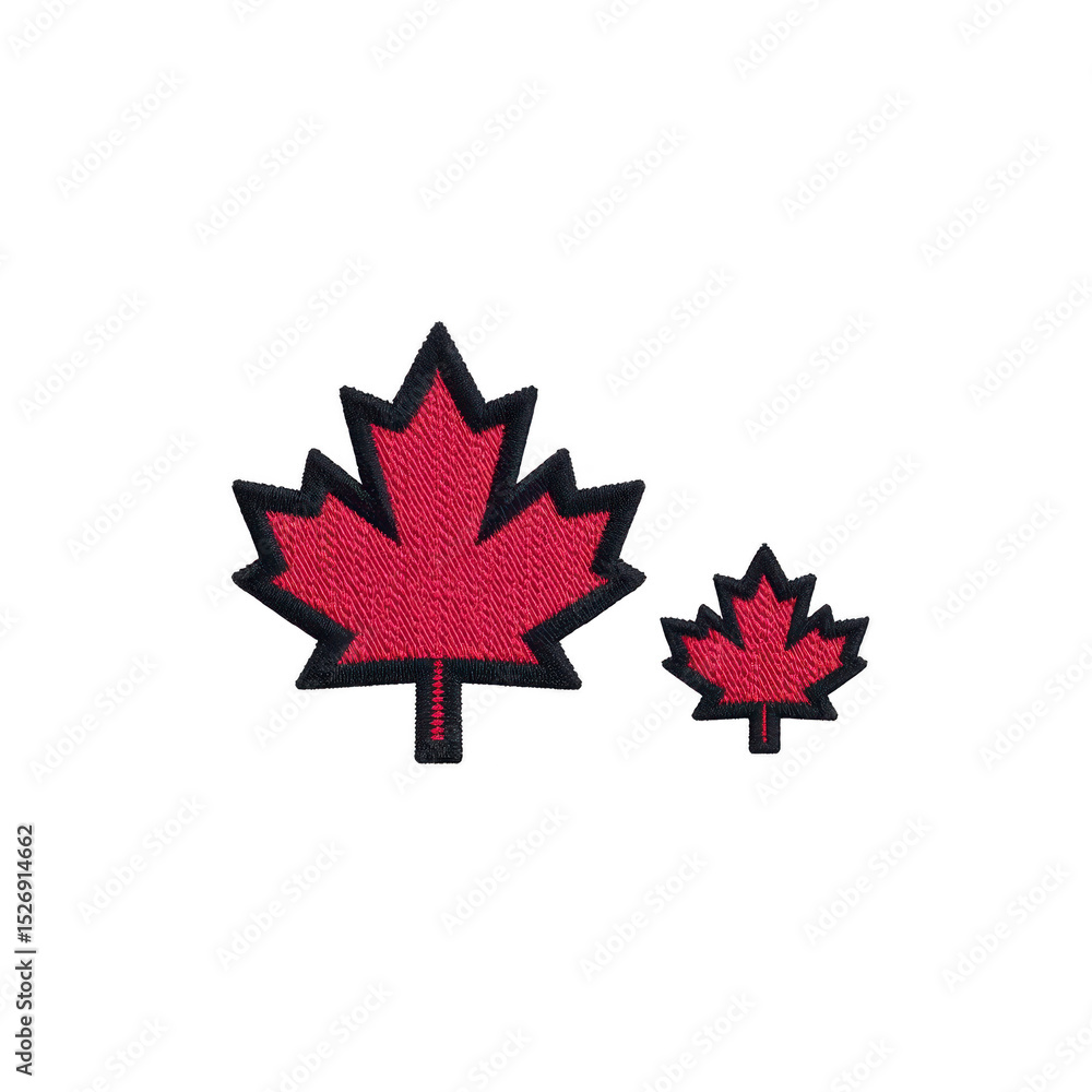Poster two red maple leaf patches, one larger and one smaller, are displayed on transparency background. le