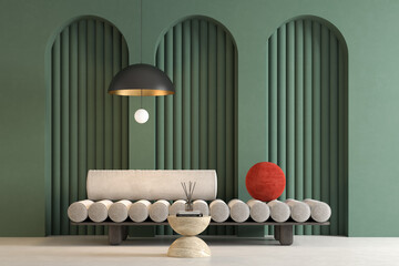 Memphis style conceptual interior room 3d illustration