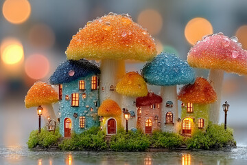Cute micro mushroom village with tiny pastel houses growing from moss, hyperrealistic textures and soft light on dew-covered scene Generative AI