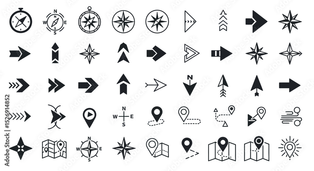 Poster collection of various direction and navigation arrow icons in black and white style vector illustrat