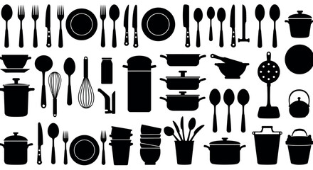 Silhouette collection of kitchen utensils and cookware on white background vector illustration