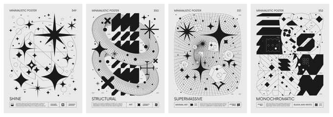 Brutalism style vector minimalistic Posters with silhouette postmodern figures, Futuristic abstract graphic wireframe elements of geometric shapes rave composition, Trendy modern print artwork set 88