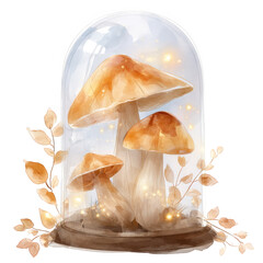 Enchanted Mushroom Scene Under Glass Dome with Glittering Lights and Leaves