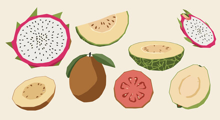 Vibrant Tropical Fruit Illustration Dragon Fruit, Guava, and More