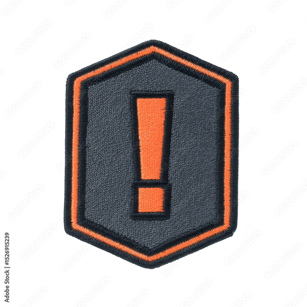 Poster fabric patch with orange exclamation mark on dark gray background, outlined in orange, conveys sense