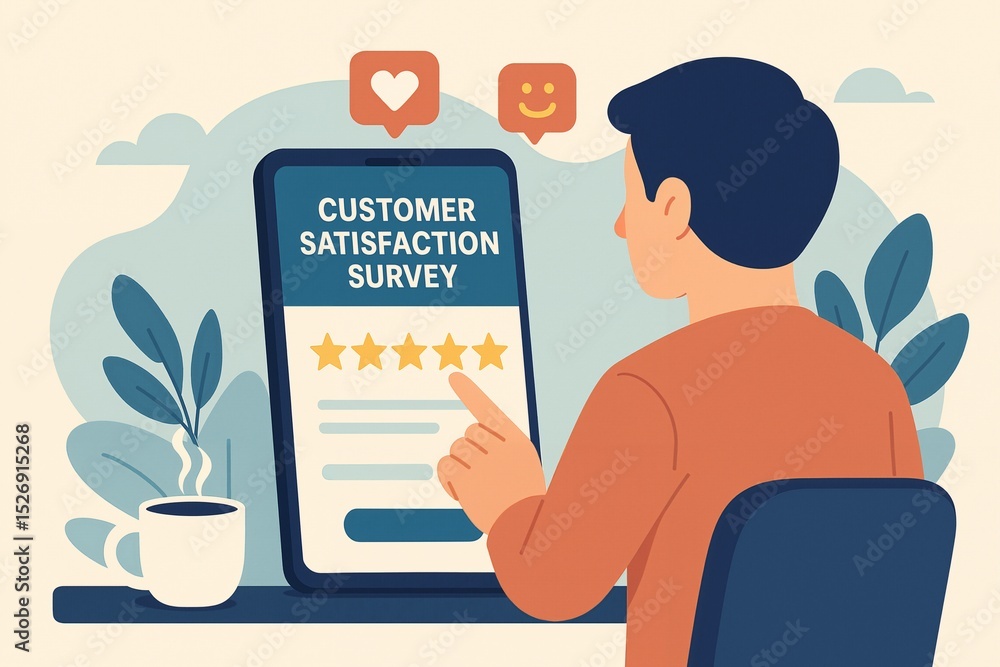 Poster engaging user interacting with a customer satisfaction survey on a digital device, set against a cal
