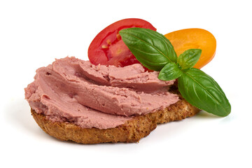 Liver pate bruschetta, isolated on white background.