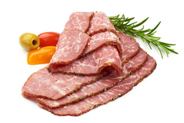 Cured meat slices, isolated on white background.