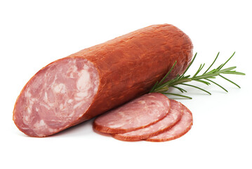 Smoked ham sausage, isolated on white background.