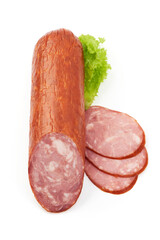 Smoked ham sausage, isolated on white background.