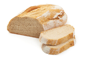 Rustic wheat bread loaf, isolated on white background.