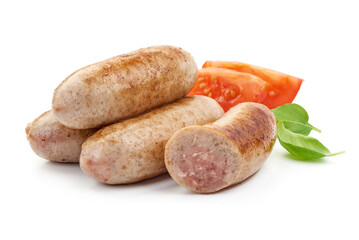Grilled sausages pile, isolated on white background.