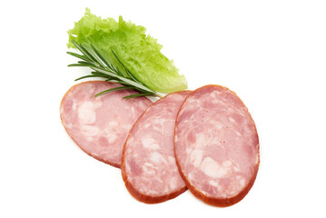 Smoked ham sausage, isolated on white background.