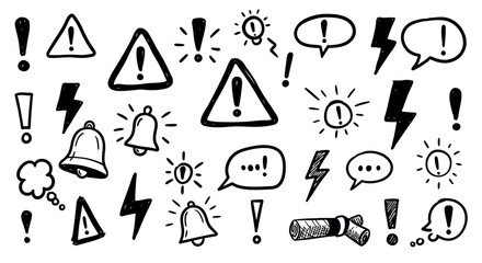 Obraz premium Hand-drawn alert symbols: exclamation marks, bells, triangles, speech bubbles, lightning vector illustration