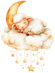 Cute Dreamy Sheep Sleeping on Cloud with Moon and Stars Illustration