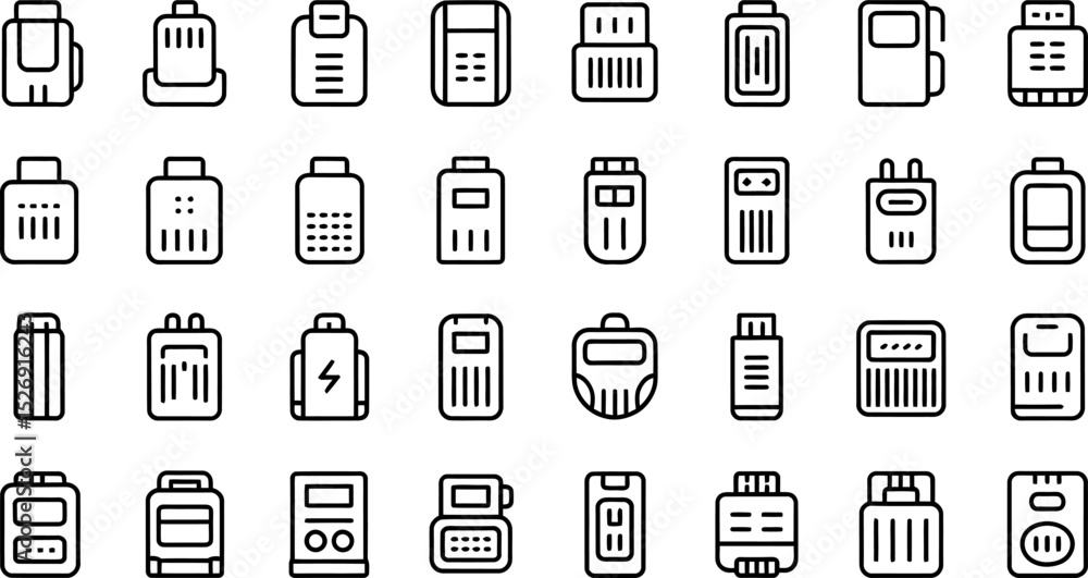 Poster diverse collection of minimalistic black line art icons representing various battery types and power