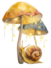 Whimsical Snail Under Shimmering Mushrooms in a Dreamy Forest Scene